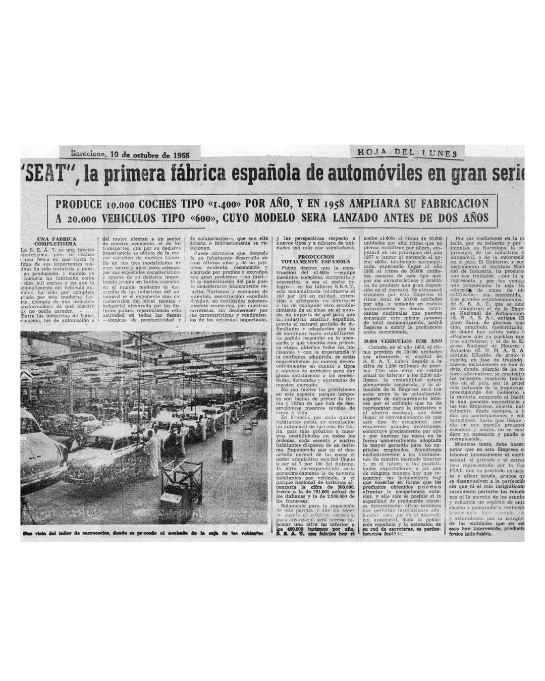 Recorte histórico Hoja del Lunes sobre la producción del Seat 600