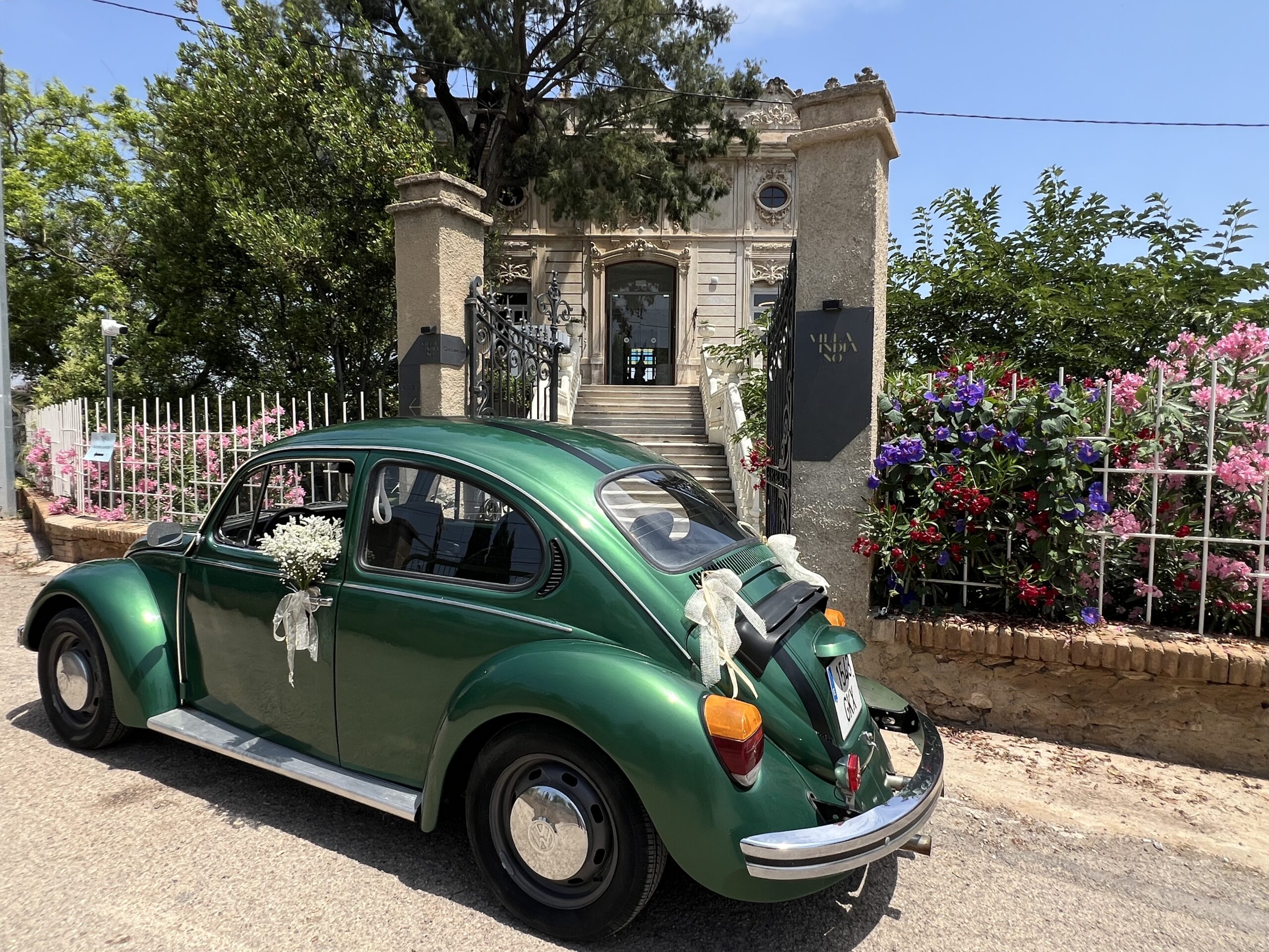 VW Escarabajo verde clásico de alquiler para bodas en Valencia, vista de perfil completo mostrando la silueta icónica del Beetle